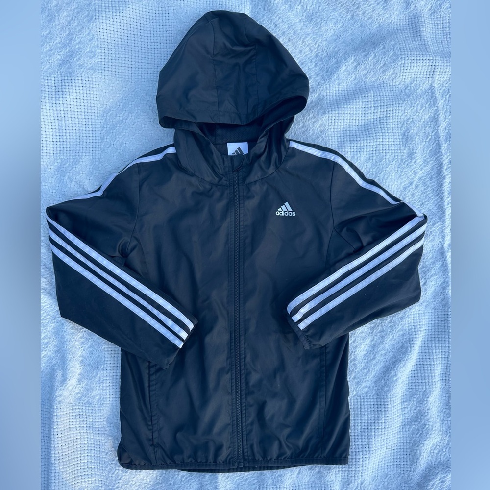 Adidas Black Windbreaker Hoodie Jacket with White Stripes